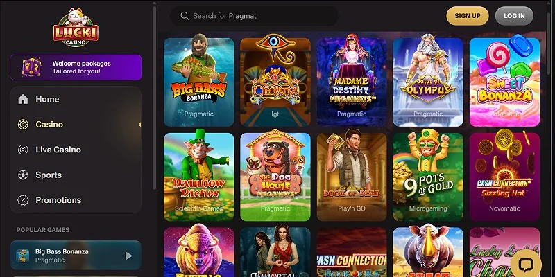 Captura de pantalla de la plataforma de Lucki.Casino casino en España