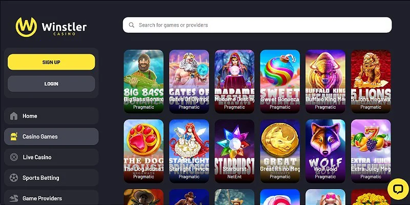 Captura de pantalla de la plataforma de Winstler casino en España